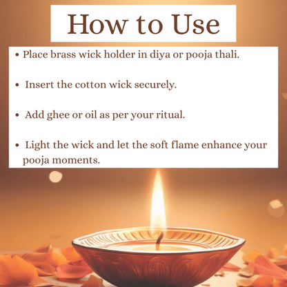 Premium Long Cotton Wick with Two Brass Wick Holder for Pooja Items, Luxury Organic Cotton Wicks for Puja Thali, Pooja Wick Set, 210 Pieces, Decorative and Clean-Burning