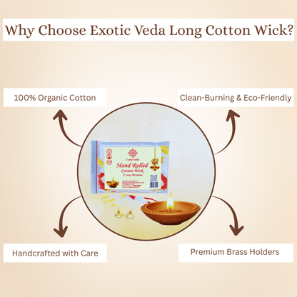 Premium Long Cotton Wick with Two Brass Wick Holder for Pooja Items, Luxury Organic Cotton Wicks for Puja Thali, Pooja Wick Set, 210 Pieces, Decorative and Clean-Burning