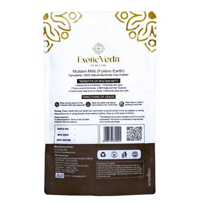 Exotic Veda Multani Mitti Powder (100g) – 100% Pure Natural Bentonite Clay for Skin Cleansing, Exfoliating & Detoxifying