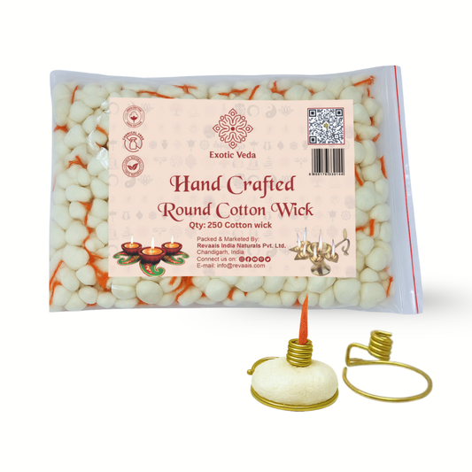 Premium Round Cotton Wick with Brass Wick Holder, Pack of 250 Round Cotton Wick for Pooja, Rituals, and Spiritual Use, Eco-Friendly, Durable, and Long-Lasting