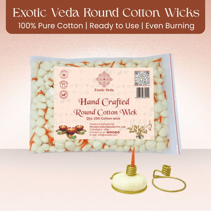 Premium Round Cotton Wick with Brass Wick Holder, Pack of 250 Round Cotton Wick for Pooja, Rituals, and Spiritual Use, Eco-Friendly, Durable, and Long-Lasting