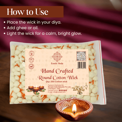 Premium Round Cotton Wick with Brass Wick Holder, Pack of 250 Round Cotton Wick for Pooja, Rituals, and Spiritual Use, Eco-Friendly, Durable, and Long-Lasting