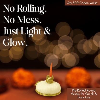 Round Cotton Wick with Brass Wick Holder - Traditional Brass Diya Wick Holder with Cotton Wick - Perfect Cotton Wick with Brass Holder for Oil Lamps & Diyas (Pack of 500)