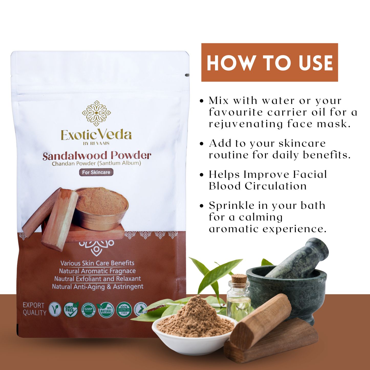 Exotic Veda Pure, Organic Sandalwood Powder for Men & Women  100% Natural, Non-GMO (100g)