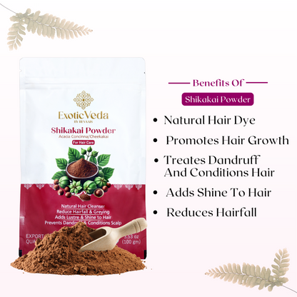 Organic Shikakai Powder by Exotic Veda – 100% Natural Hair Care, Prevents Graying, Fights Dandruff, Adds Shine, 15ml