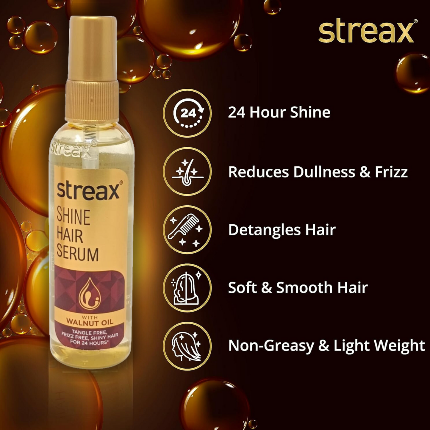 Streax Hair Serum with Walnut Oil for Frizz-Free, Satin-Smooth Hair (115 ML) + Free Shine Hair Shampoo