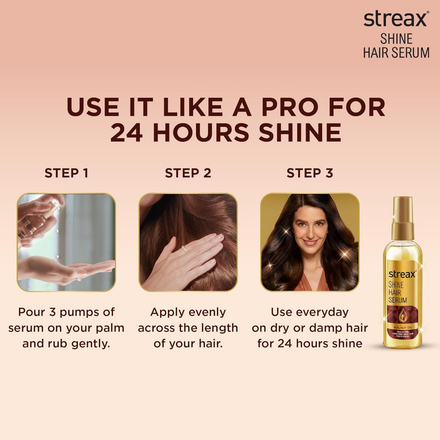 Streax Hair Serum with Walnut Oil for Frizz-Free, Satin-Smooth Hair (115 ML) + Free Shine Hair Shampoo