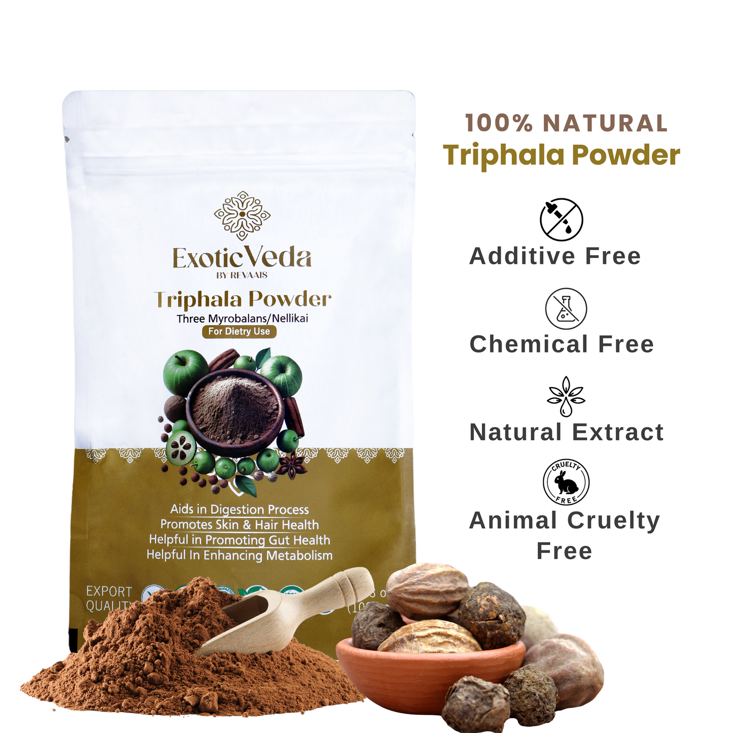 Organic Triphala Powder | Ayurvedic Gut Immune Health Nutrient Dense, Vegan, Gluten-Free Amla, Haritaki, Bibhitaki | Aids in Digestion | Non GMO 100% Vegan (100g)