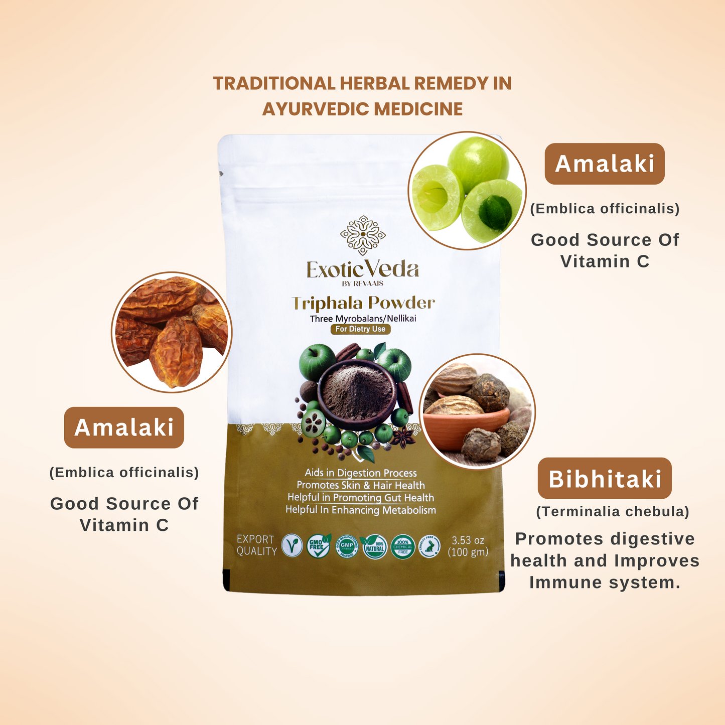 Organic Triphala Powder | Ayurvedic Gut Immune Health Nutrient Dense, Vegan, Gluten-Free Amla, Haritaki, Bibhitaki | Aids in Digestion | Non GMO 100% Vegan (100g)