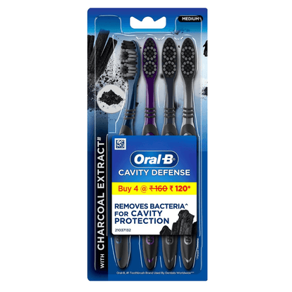 Oral-B 123 Medium Toothbrushes with Tongue Cleaner - Black Pack of 4 for Cavity Defense