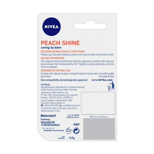 Nivea Lip Balm - Fruity Shine Peach, 4g - Moisturizing and Shiny Finish