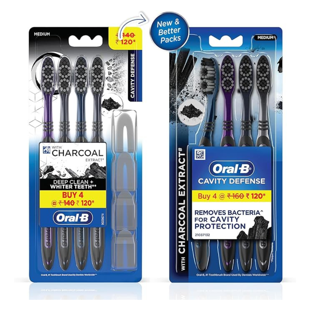 Oral-B 123 Medium Toothbrushes with Tongue Cleaner - Black Pack of 4 for Cavity Defense