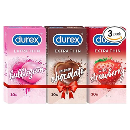 Durex Extra Thin Flavoured Condoms, 10s, Pack of 3 (Bubblegum + Chocolate + Strawberry)