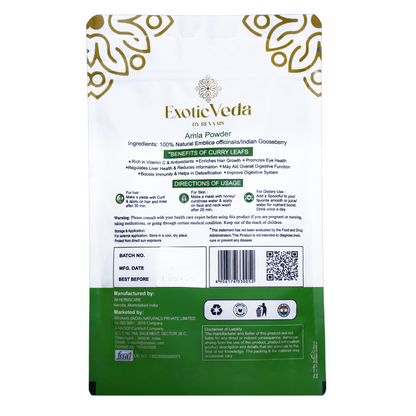 Organic Amla Powder by Exotic Veda – Herbal Supplement for Immunity, Hair Growth, and Detoxification, Non-GMO (100g)(exotic veda )