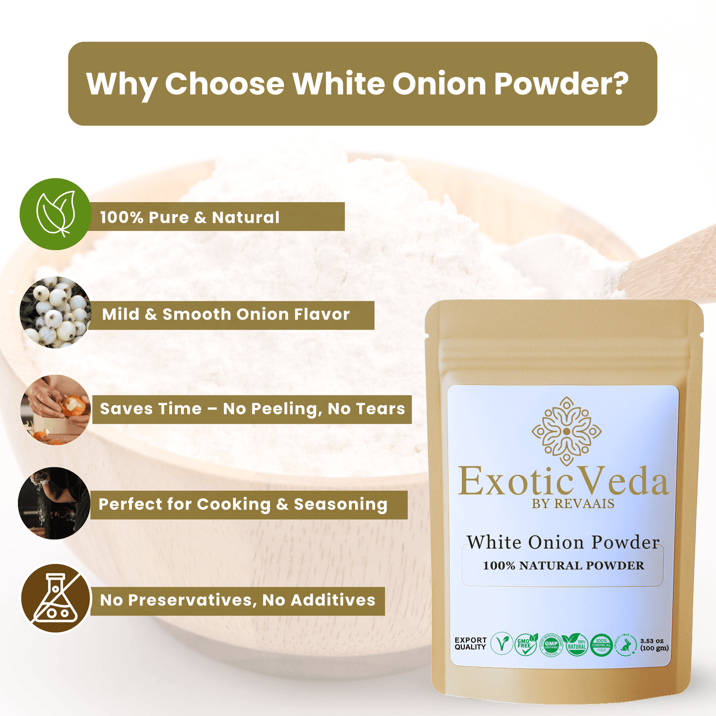 Exotic Veda White Onion Powder 100g (3.53 oz) – Pure Dehydrated Onion Powder for Cooking & Seasoning