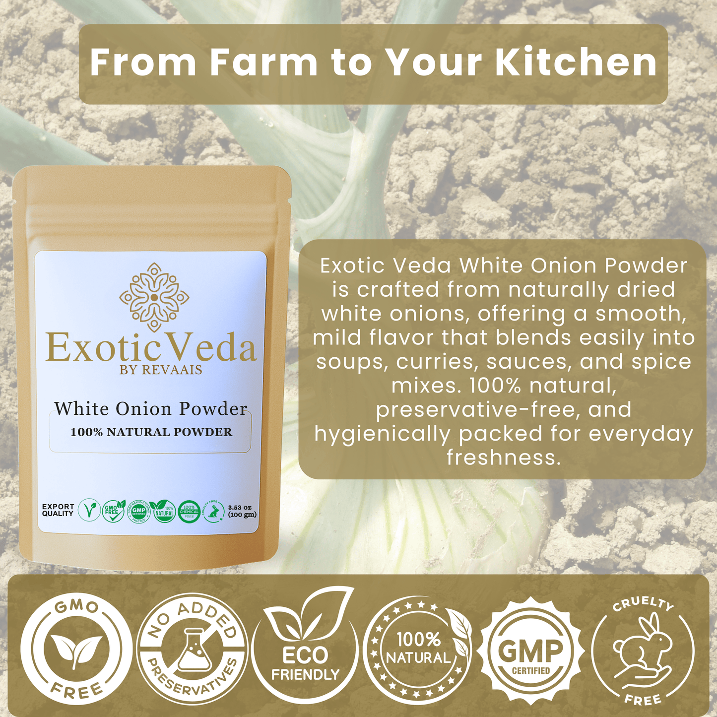 Exotic Veda White Onion Powder 100g (3.53 oz) – Pure Dehydrated Onion Powder for Cooking & Seasoning