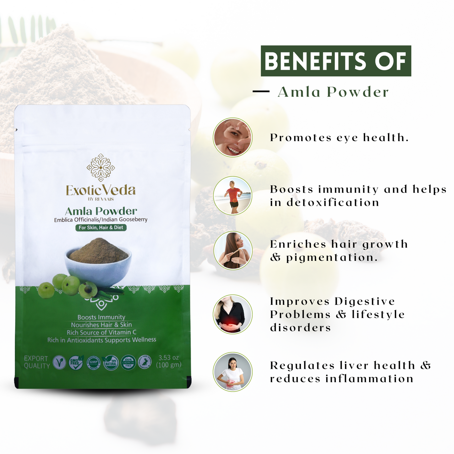 Organic Amla Powder by Exotic Veda – Herbal Supplement for Immunity, Hair Growth, and Detoxification, Non-GMO (100g)(exotic veda )