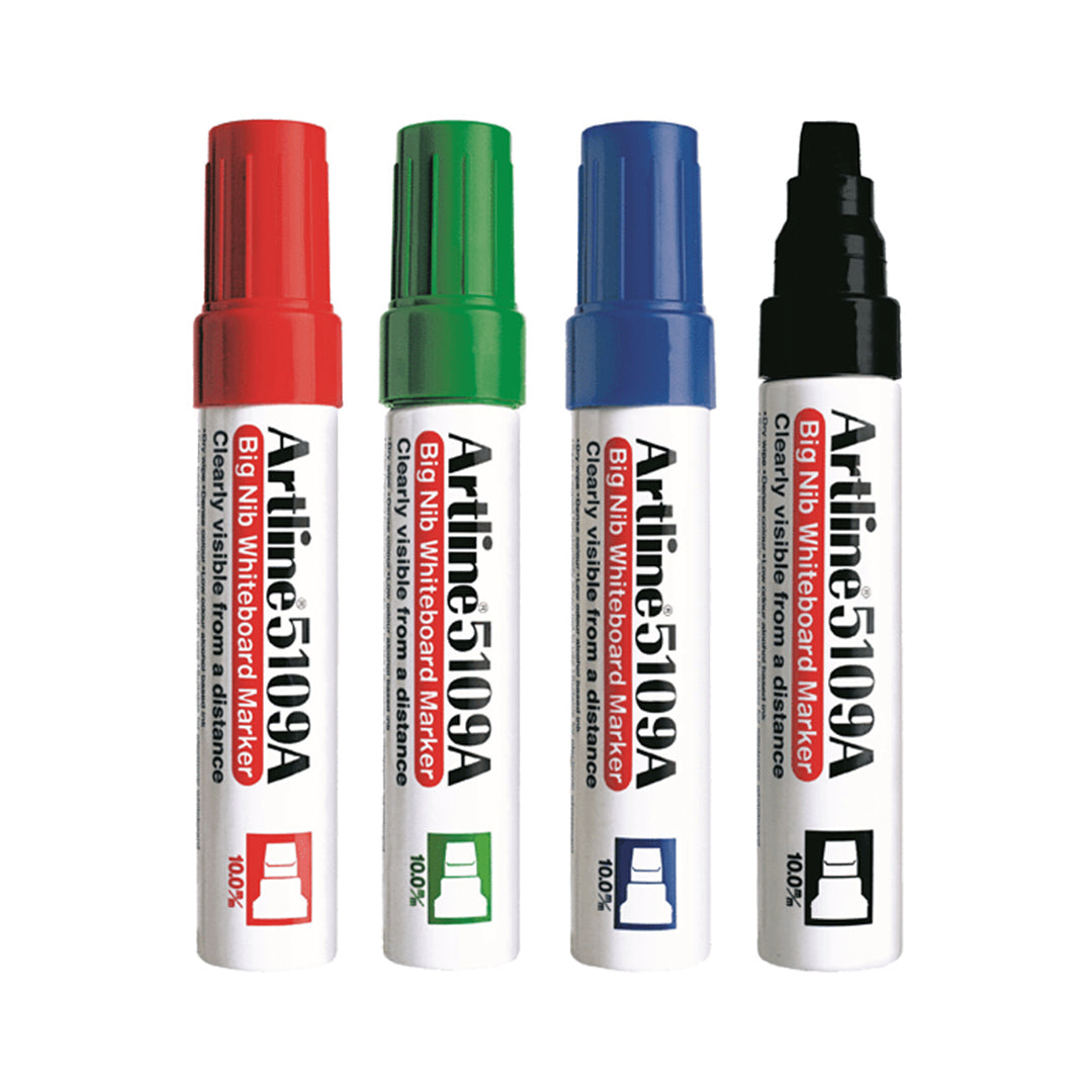 Artline 5109A Big Nib Magnum Whiteboard Markers – Extra Thick 10mm Flat Tip | 4-Pack (Black, Red, Blue, Green) | Bold & Long-Lasting Colors for Office, Classroom, and Home Use