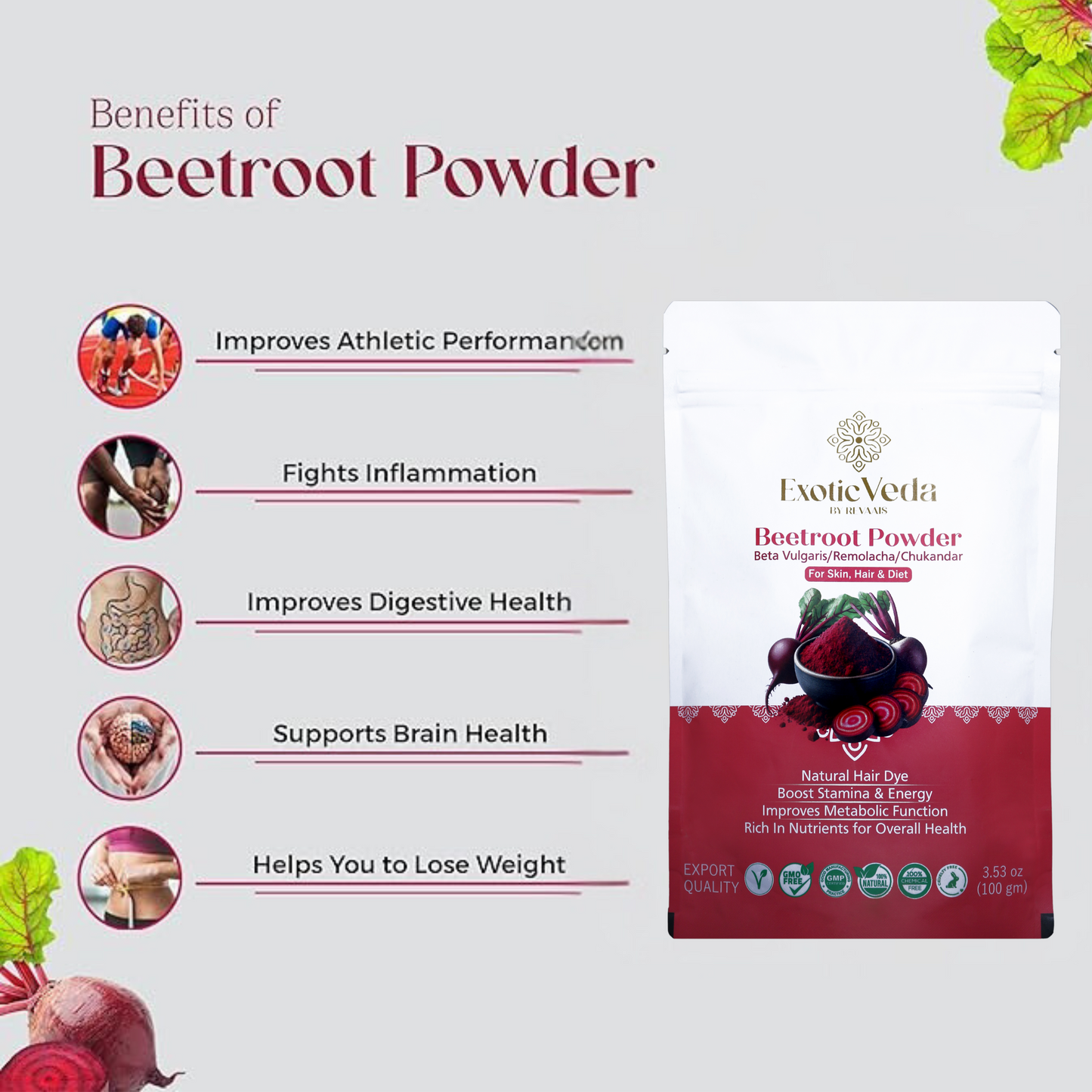 Exotic Veda Beetroot Powder -Vegan & Gluten-Free - 100% Natural, Non-GMO (100g)