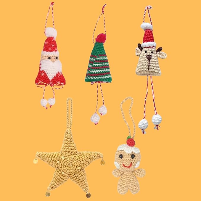 Handcrafted Crochet Christmas Ornaments – Set of 5 Adorable Holiday Decorations | Unique, Handmade Festive Decor