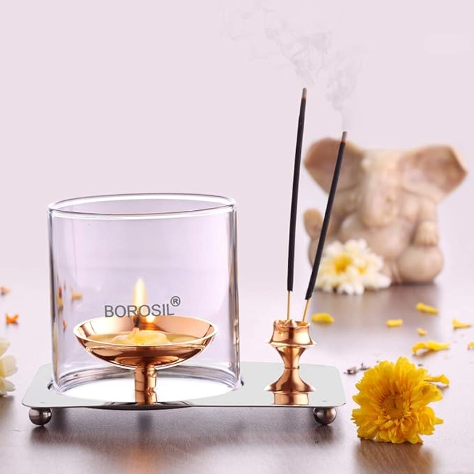 Borosil Glass Aarti Diya (Golden) – Elegant Glass Oil Lamp for Pooja & Home Decor | Traditional & Decorative Diya for Spiritual Spaces