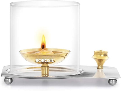 Borosil Glass Aarti Diya (Golden) – Elegant Glass Oil Lamp for Pooja & Home Decor | Traditional & Decorative Diya for Spiritual Spaces