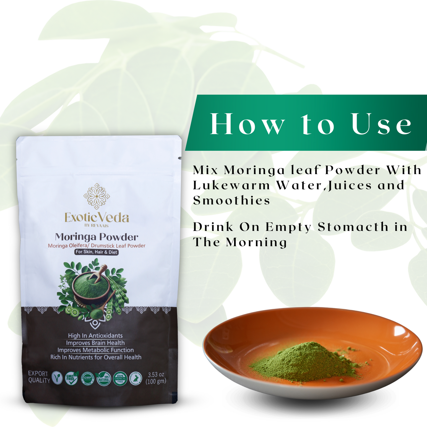 Exotic Veda Moringa Leaf Powder | 100% Natural & Non-GMO Superfood – 100g | Rich in Antioxidants & Nutrients