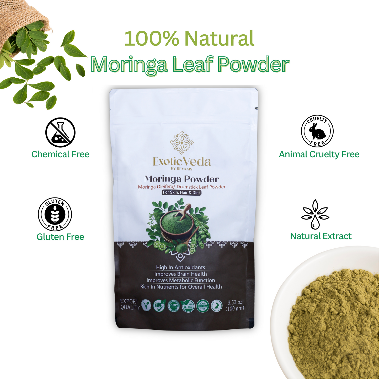 Exotic Veda Moringa Leaf Powder | 100% Natural & Non-GMO Superfood – 100g | Rich in Antioxidants & Nutrients