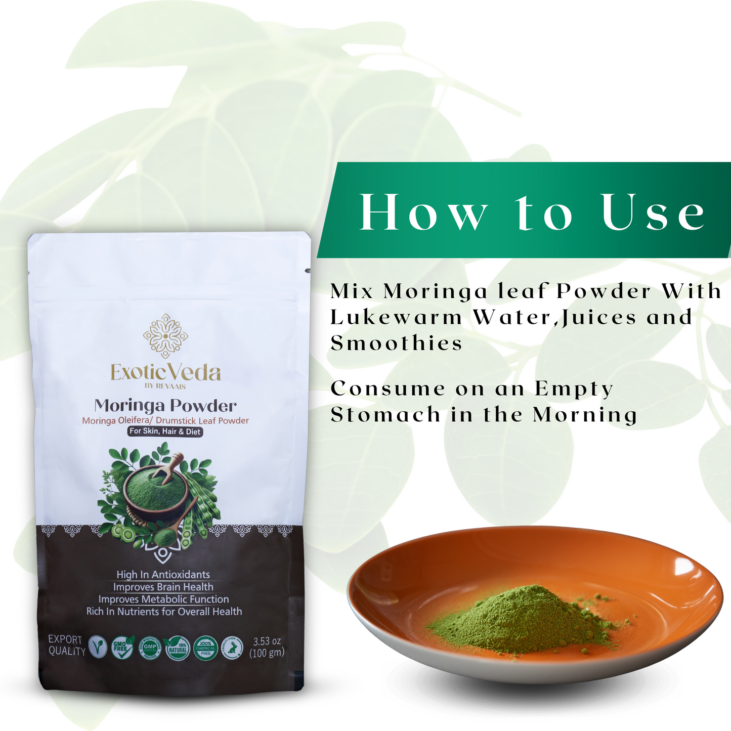 Exotic Veda Moringa Leaf Powder | 100% Natural , Vegan, Non-GMO Superfood – 100g | Rich in Antioxidants & Nutrients
