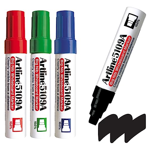 Artline 5109A Big Nib Magnum Whiteboard Markers – Extra Thick 10mm Flat Tip | 4-Pack (Black, Red, Blue, Green) | Bold & Long-Lasting Colors for Office, Classroom, and Home Use