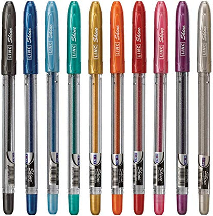 Linc Shine Glitter Gel Pen Set – 10 Assorted Colors, 1.0mm Medium Tip | Contoured Grip for Smooth Writing & Drawing