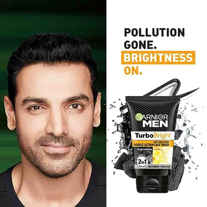 Garnier Turbo Men Power White Anti-Pollution Double Action Facewash, 100g | Deep Cleansing & Skin Brightening for Men