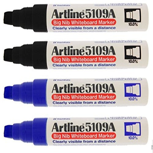 Artline 5109A Big Nib 10mm Dry Erase Extra Thick Whiteboard Markers – 4 Pack (2 Black, 2 Blue) | Bold & Visible Writing