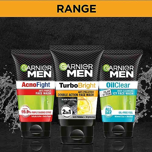 Garnier Turbo Men Power White Anti-Pollution Double Action Facewash, 100g | Deep Cleansing & Skin Brightening for Men